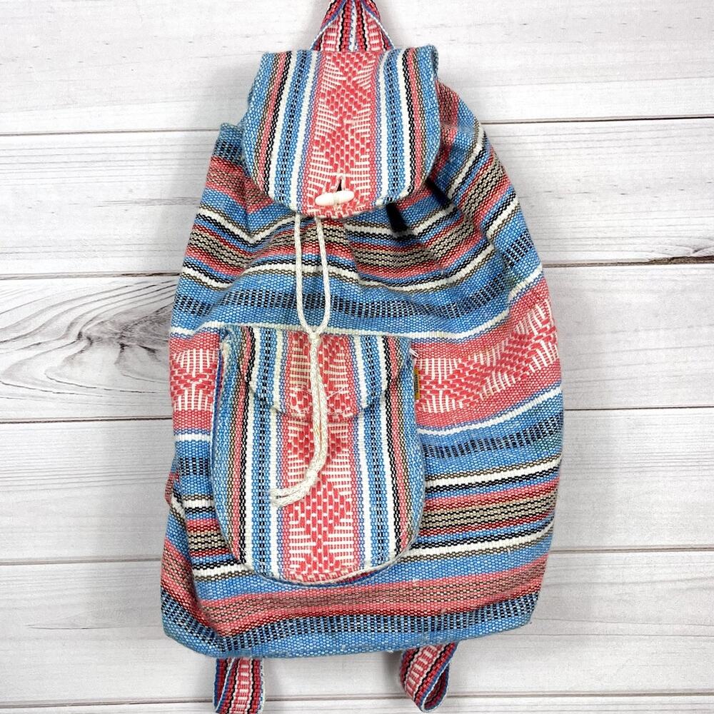 Striped Woven Backpack in Coral and Blue